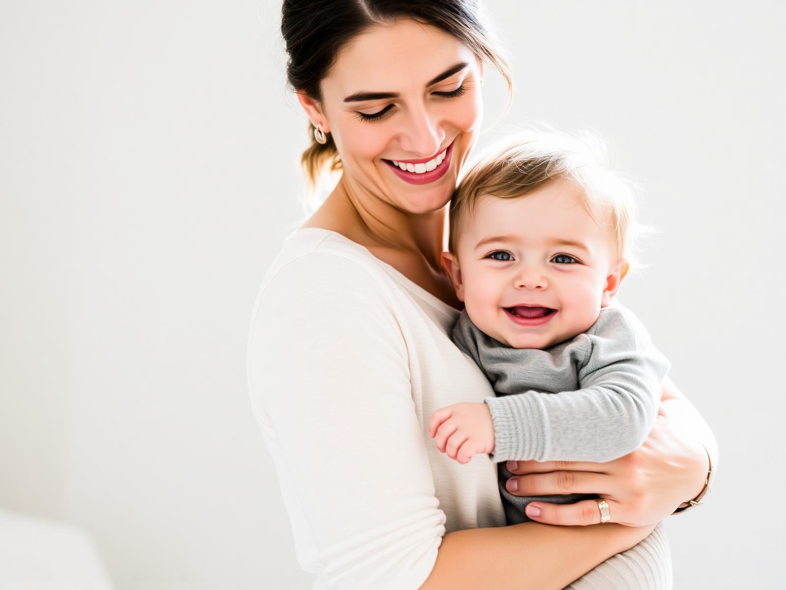 A mother holding her smiling baby